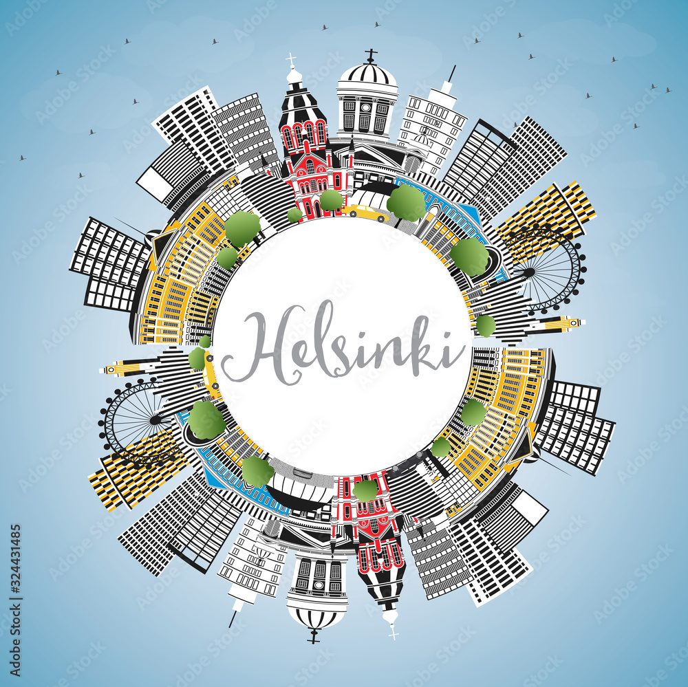 Helsinki Finland City Skyline with Color Buildings, Blue Sky and Copy Space.