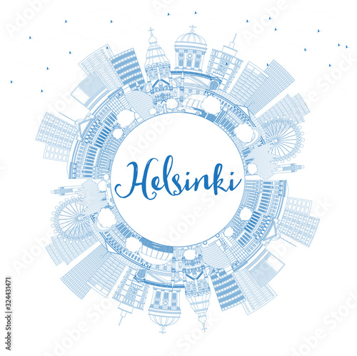 Outline Helsinki Finland City Skyline with Blue Buildings and Copy Space.