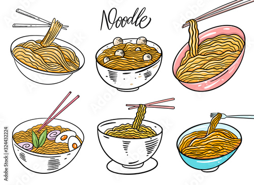 Asia Noodle hand drawn vector illustration set. Isolated on white background. Flat cartoon style.