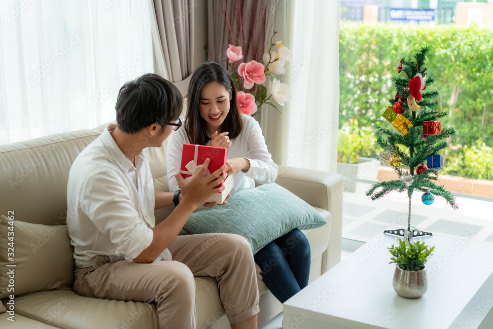 Asian man give the woman a red gift box in which there is a bottle of perfume. The woman was picked up on the sofa at home. The Christmas tree into the foreground. Love, relationship, wedding.