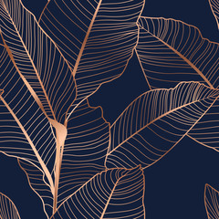 Wandcirkels Blauw goud patronen Bananenbladeren koper op marineblauw  © imaginarybo