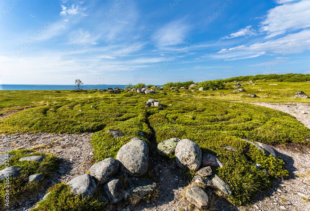 Stone labyrinth on the Big Zayatsky island of the Solovetsky archipelago, White sea, Russia