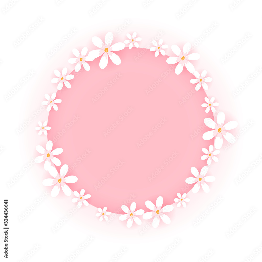 Sweet flower frame isolated on white background. Pink circle badge with cute white floral border. Vector illustration.