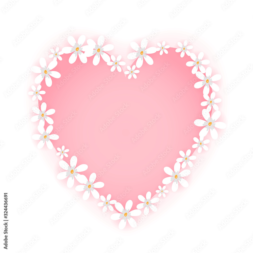 Sweet flower frame isolated on white background. Pink heart badge shape with cute white floral border. Vector illustration.