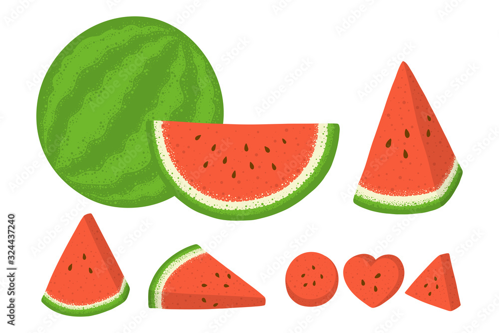 Set of whole and sliced watermelon with seeds isolated in white background. Vector illustration. Set of whole and sliced watermelon with seeds isolated in white background. Vector illustration.