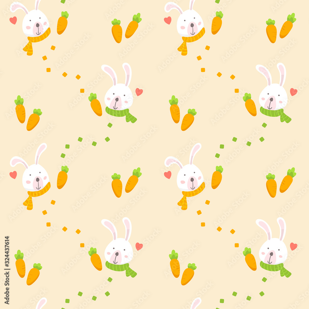 Seamless pattern with white rabbit and carrot. Cute cartoon bunny wallpaper background. Vector Illustration. Seamless pattern with white rabbit and carrot. Cute cartoon bunny wallpaper background. Vector Illustration.