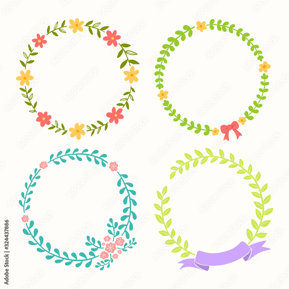 Floral frame collection. Set of the circle border with cute flowers, ribbon bows. Vector Illustration. Floral frame collection. Set of the circle border with cute flowers, ribbon bows. Vector Illustration.