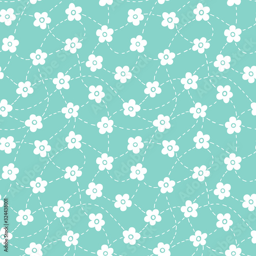 Seamless pattern with cute floral and dashed lines, flowers background. Vector illustration.
