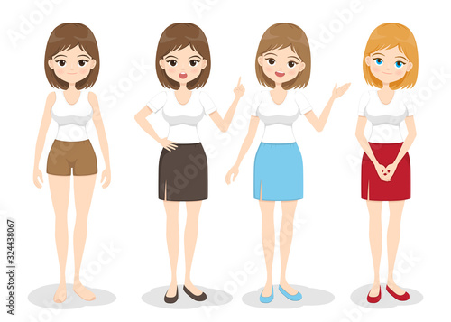 Young woman standing in different poses, color of hair and dress. Flat cartoon girl with body parts, head, face, legs, arms,  hands gestures and face emotions . Vector illustration.