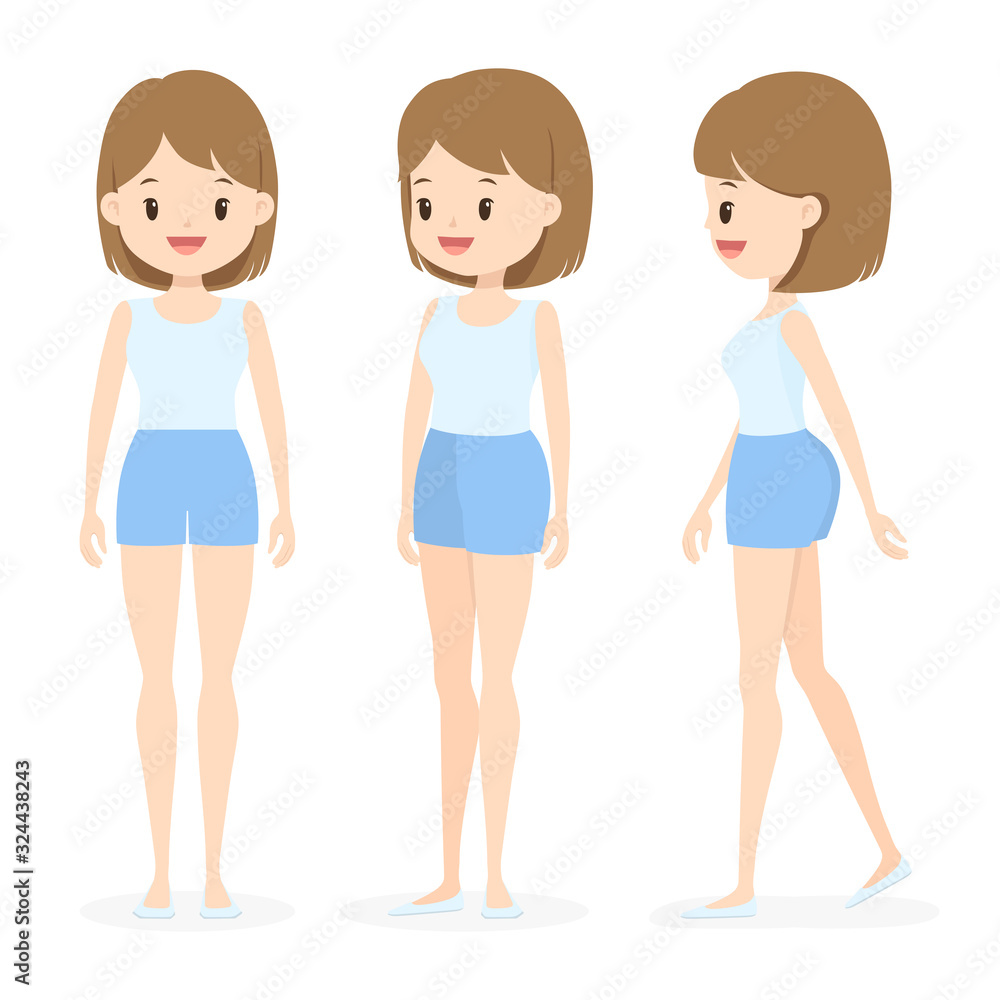 Young woman in white singlet and blue shorts. Front front, side and 3/4 view character. Flat cartoon girl. Vector illustration. Young woman in white singlet and blue shorts. Front front, side and 3/4 view character. Flat cartoon girl. Vector illustration.
