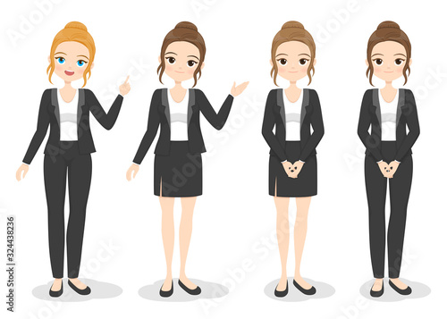 Young business woman in office clothes with different hand poses and color of hair. Flat cartoon girl in formal uniform (dress, pants, suit). Vector illustration.