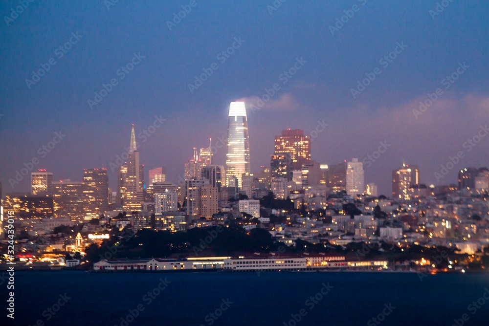 Beautiful view of San Francisco skyline at night with waterfront, California, USA