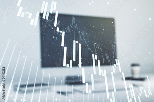 Double exposure of abstract creative financial chart on modern laptop background, research and strategy concept