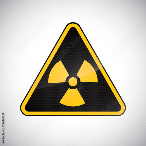 Caution radiation hazard sign. Black yellow carbon warning radiation hazard sign on white background. Design protection icon, button. Information vector symbol. Vector illustration