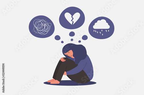 unhappy and sad young girl in depression sitting and hugging knees with confused, broken heart and rainy cloud on mind, sorrow, mental health concept, cartoon female character vector flat illustration