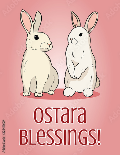 Ostara Blessings pagan holiday postcard. Easter bunny or hare vector illustration.