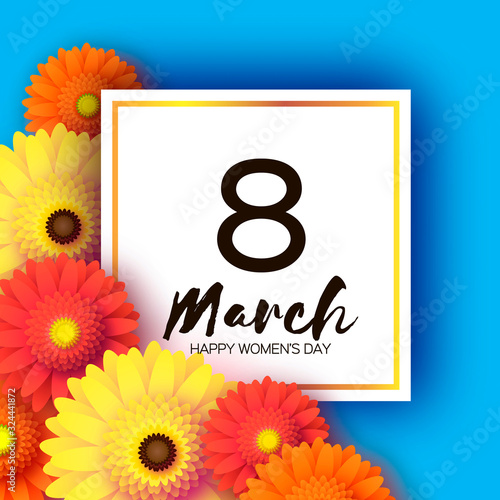 Fototapeta Naklejka Na Ścianę i Meble -  Beautiful Gerbera Flowers. Origami layered Floral bouquet. Happy Womens Day, Mothers Day or Birthday. 8 March. Spring. Paper cut style. Yellow,orange,red floral blossom. Square frame for Text on blue.