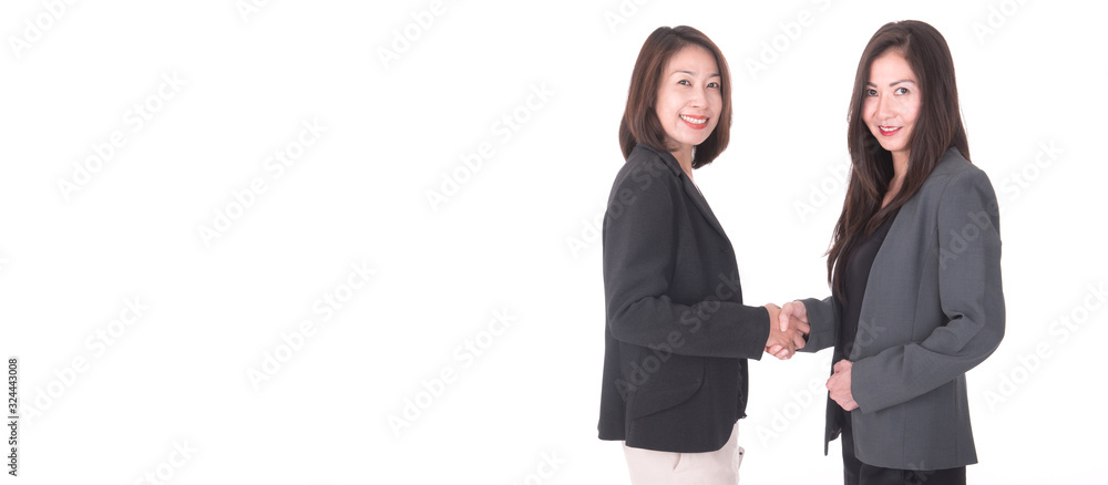 successful business woman hand shaking isolated on white. Business people concept with banner ratio successful business woman hand shaking isolated on white. Business people concept with banner ratio