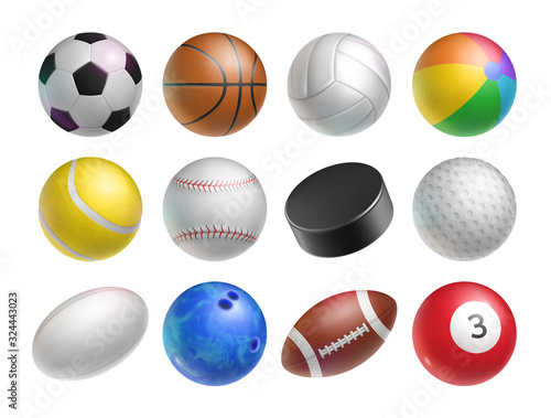 Realistic balls set for various sports games. Football, basketball, tennis and volleyball sports equipment isolated on white background. Sports competition and outdoors activity vector illustration