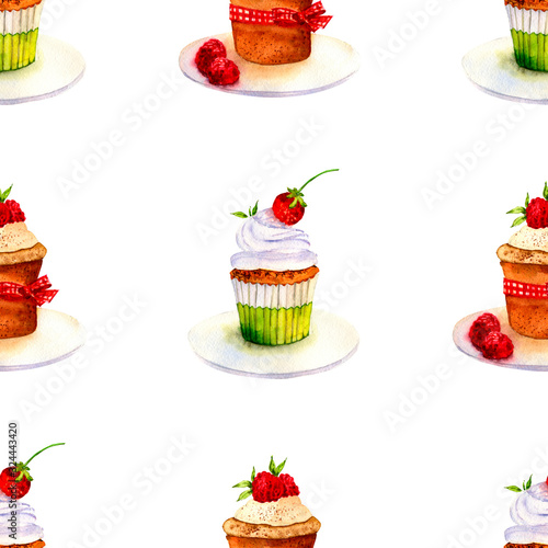 Seamless background. Watercolor illustration of a cake. Sweet dessert with berries, cream, meringues.