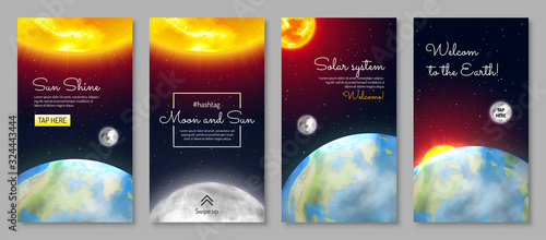 Solar system vertical flyers set. Earth planet with continents and ocean. Galaxy discovery and exploration. Realistic globe with satellite in galaxy vector illustration. Astronomy and astrophysics.