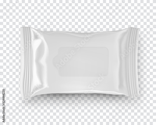 Realistic mockup of wet wipes tissues pack isolated on transparent background. White plastic container template ready for design and branding. Product presentation and marketing vector illustration.