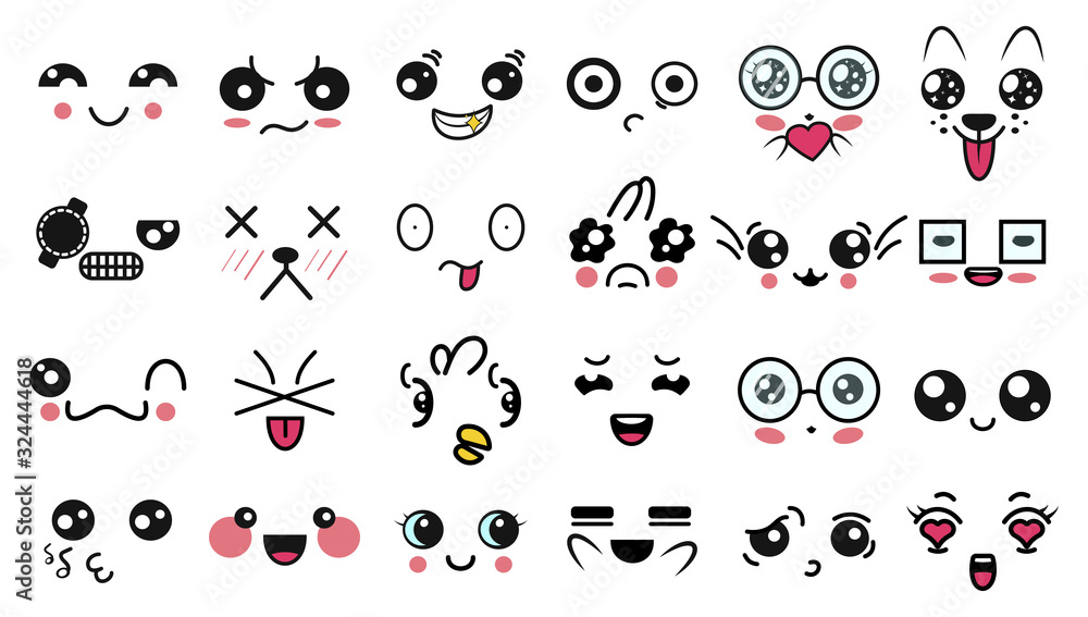 Kawaii cute faces. Manga style eyes and mouths. Funny cartoon japanese emoticon in in different expressions. For social networks. Expression anime character and emoticon face illustration. Background. Kawaii cute faces. Manga style eyes and mouths. Funny cartoon japanese emoticon in in different expressions. For social networks. Expression anime character and emoticon face illustration. Background.