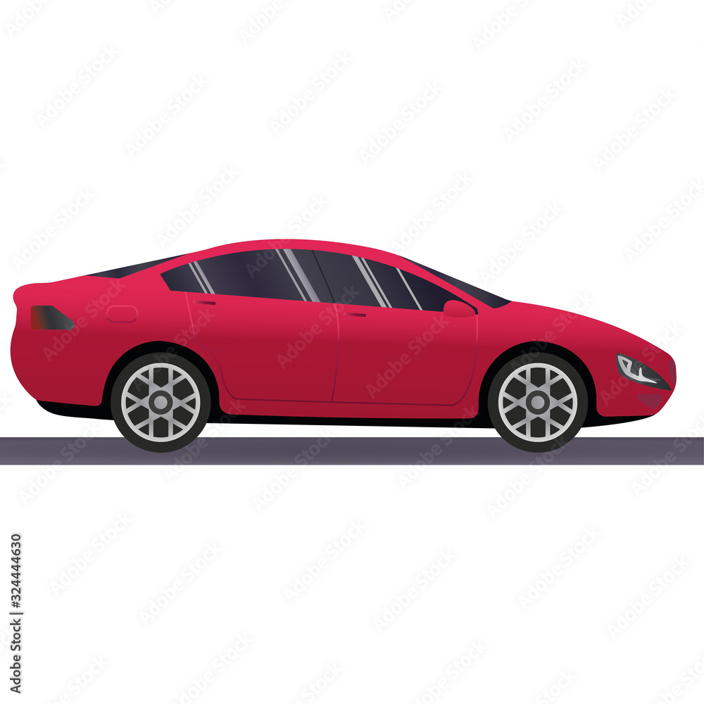 Red sportscar on white background, vector illustration, original design. Vector sports car. Super car design concept. Unique modern realistic art. Generic luxury automobile. Car presentation side view
