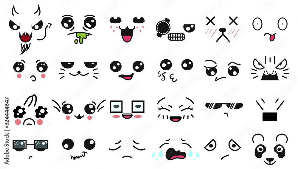 Kawaii cute faces. Manga style eyes and mouths. Funny cartoon japanese emoticon in in different expressions. For social networks. Expression anime character and emoticon face illustration. Background. Kawaii cute faces. Manga style eyes and mouths. Funny cartoon japanese emoticon in in different expressions. For social networks. Expression anime character and emoticon face illustration. Background.