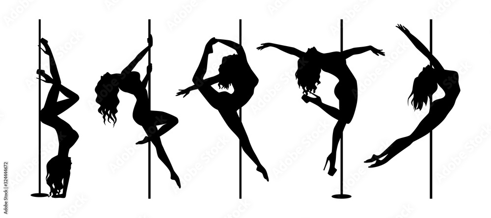 set of vector silhouette of girl and pole on a white background. Pole dance illustration for fitness, striptease dancers, exotic dance. Illustration EPS10 for logotype, badge, icon, logo, banner, tag. - obrazy, fototapety, plakaty 