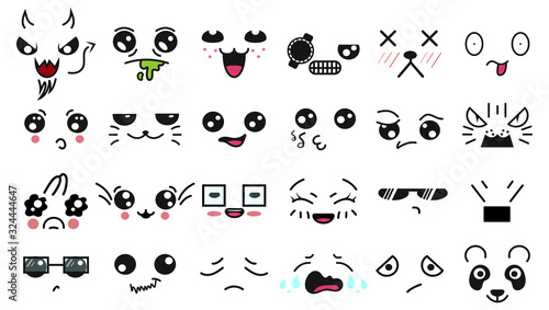 Kawaii cute faces. Manga style eyes and mouths. Funny cartoon japanese emoticon in in different expressions. For social networks. Expression anime character and emoticon face illustration. Background.