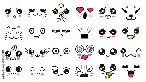Kawaii cute faces. Manga style eyes and mouths. Funny cartoon japanese emoticon in in different expressions. For social networks. Expression anime character and emoticon face illustration. Background.