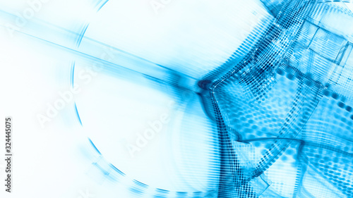 Abstract blue and white background element. Fractal graphics 3d illustration. Wide format composition of grid cells and circles. Information technology concept.