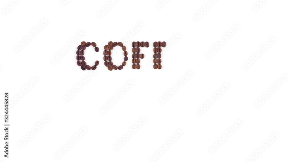 Stop motion set of animation roasted coffee beans arranged in word ‘wecome’ on white background. Stop motion set of animation roasted coffee beans arranged in word ‘wecome’ on white background.