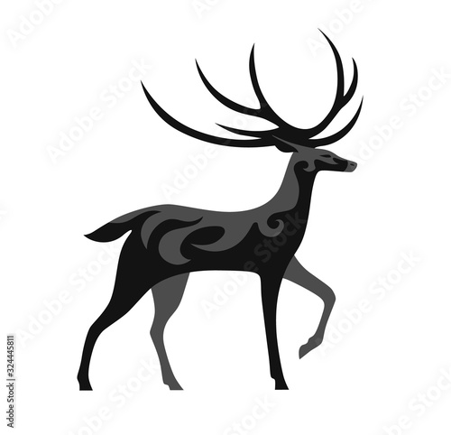 Roe deer vector illustration, black and gray isolated on white background. Silhouette as logo or mascot. Stylized symbol