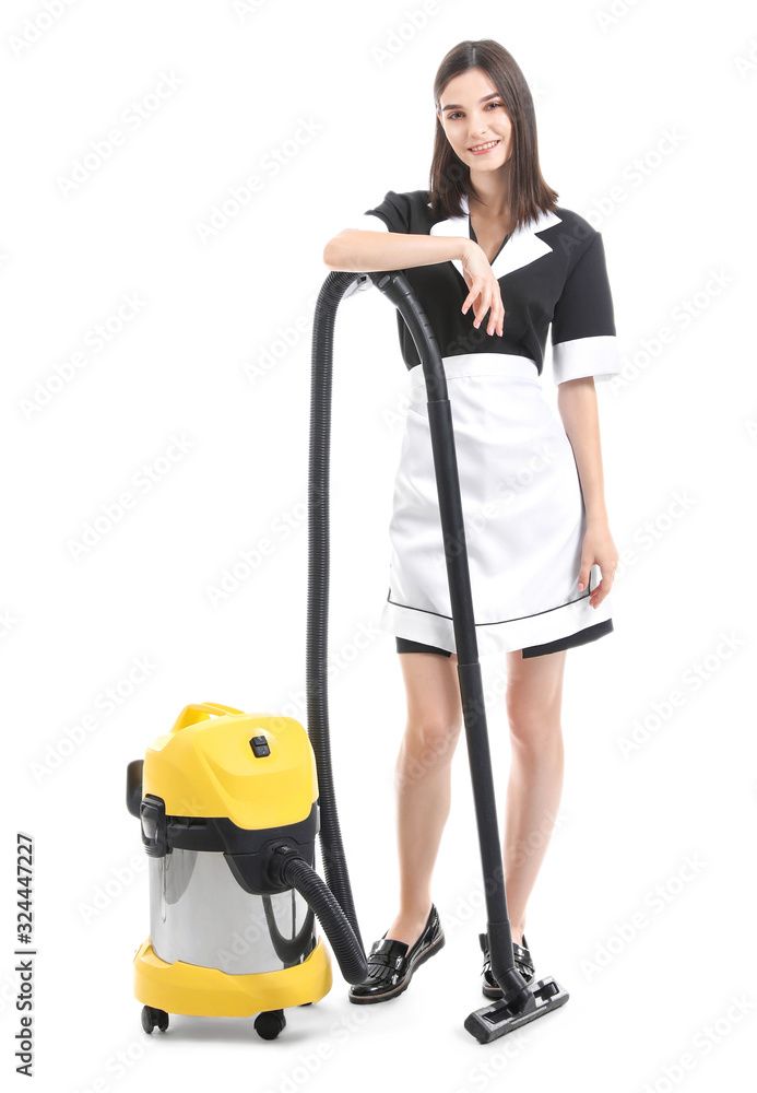 Portrait of beautiful chambermaid with vacuum cleaner on white background Portrait of beautiful chambermaid with vacuum cleaner on white background