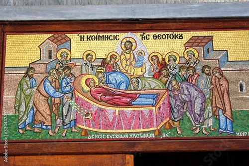 Beautiful mosaic showing the Dormition of the Virgin Mary outside of a Christian orthodox church in Athens  Greece