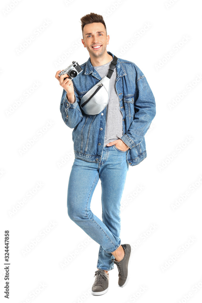 Male tourist with photo camera on white background Male tourist with photo camera on white background
