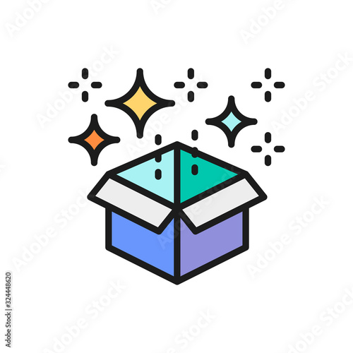 Magic box with confetti, gift flat color line icon.