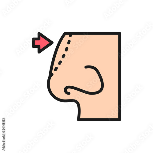 Rhinoplasty, nose plastic surgery flat color line icon.