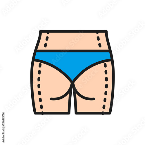 Body plastic surgery, belly and legs liposuction flat color line icon.