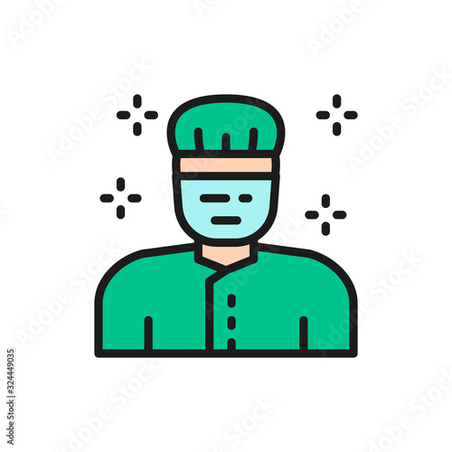 Doctor in medical uniform, surgeon in mask flat color line icon.