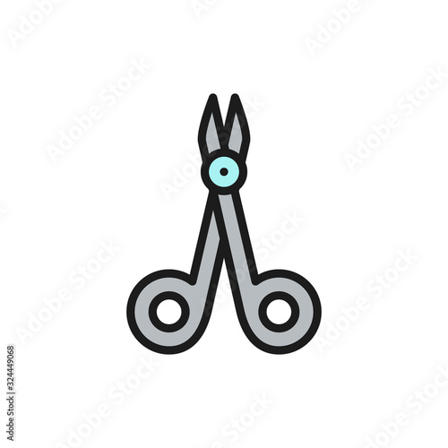 Surgical scissors, medical clamp, instruments for surgery flat color line icon.
