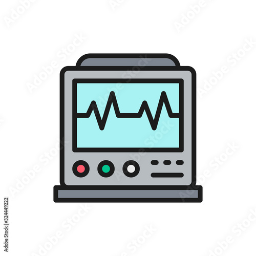 EKG machine with pulse, ICU monitor, electrocardiograph flat color line icon.