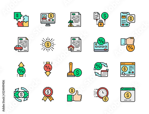 Set of Quick Loan Flat Color Line Icons. Investment, Credit Approved and more.