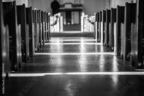 Aisle of Old Country Church in Black and White