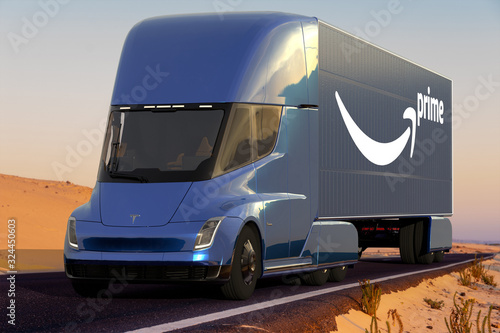 Tesla Semi Truck With A Semi Trailer With The Amazon Prime Logo Stock Photo Adobe Stock Tesla Semi Truck With A Semi Trailer With The Amazon Prime Logo Stock Photo Adobe Stock