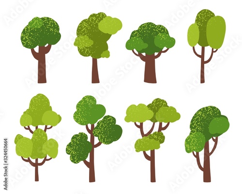 Cartoon cute forest trees, nature hardwood plants with green foliage. Environment and botanical decorative isolated vector woodland elements