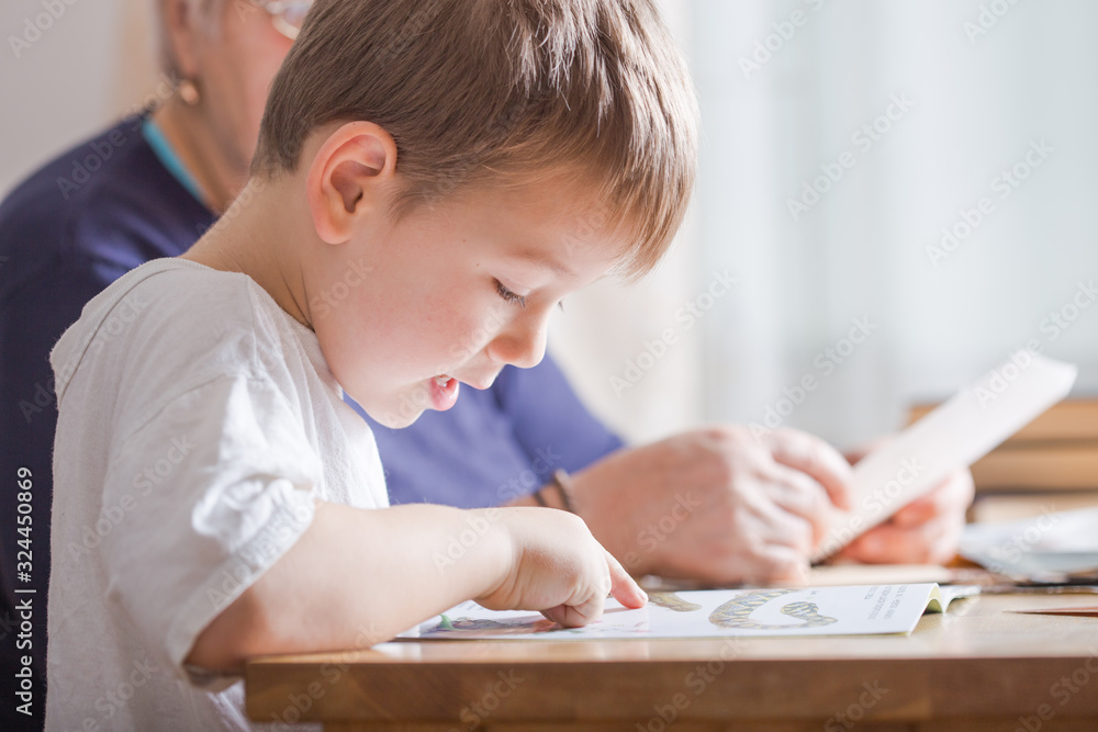 little boy 4 years old reading book. He is sitting on chair in sunny living room watching pictures in story. Kid doing homework for elementary school or kindergarten. Children study. little boy 4 years old reading book. He is sitting on chair in sunny living room watching pictures in story. Kid doing homework for elementary school or kindergarten. Children study.
