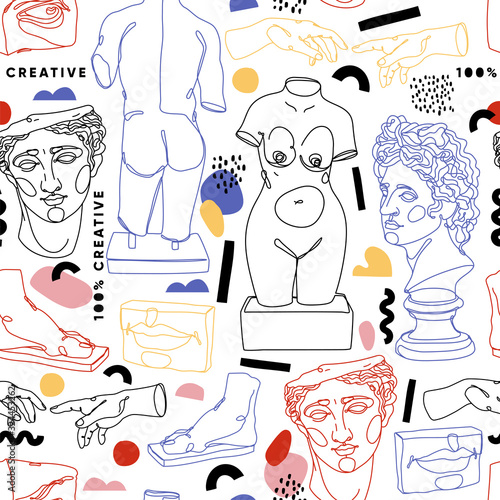 Modern abstract seamless pattern with ancient sculptures. Continuous line concept.